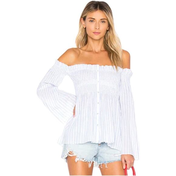 #T159 ASTR The Label REVOLVE Shelby Bell Sleeve Stripe Smocked Top $64 - Picture 2 of 15